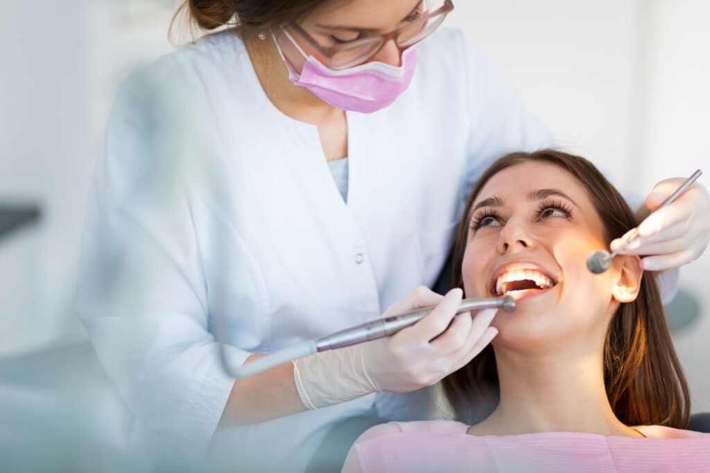 A woman at a dentist appointment.